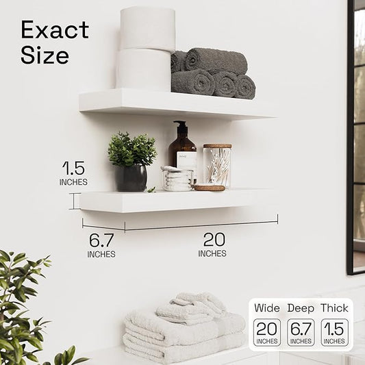 BAOBAB WORKSHOP Wood Floating Shelves for Wall 20 Inch, Solid Real Wooden Bathroom Shelf White Thick, Heavy Duty Wall Shelf Mounted 20 Kitchen Bedroom Rustic, White Finish, 20W × 6.7D, Set of 2