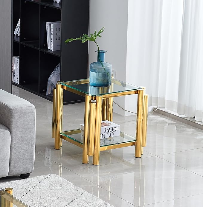 20" Square End Table, Modern Stainless Steel End Table, Double-Layer Clear Tempered Glass with Storage, for Living Room Home Office, Gold