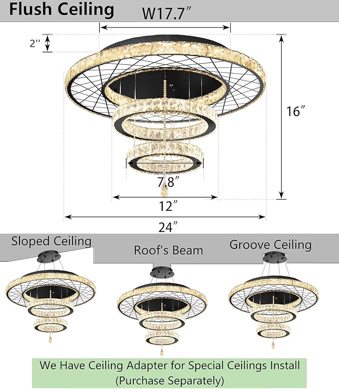 HAIXIANG Crystal Glam Chandelier LED Ceiling Light Dining Bedroom Interior Lighting Fixtures Remote Dimmable Ceiling Chandeliers 24 Inches Black Light