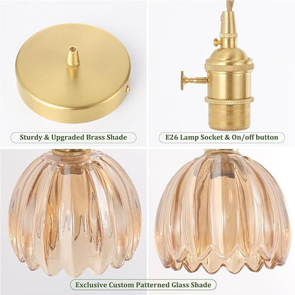 Shenmoyl Pendant Light with Amber Tulip Glass Lmapshade, Brass Vintage Pendant Light Adjustable Hanging Light for Kitchen Island Dining Room Hallway