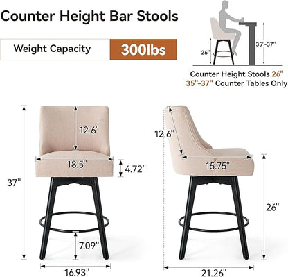 Vipbear Counter Height Bar Stools Set of 4, 26" H Swivel Bar Stools with Backs, Linen Fabric Upholstered Bar Chairs with Solid Wood Legs for Kitchen Island, Dining Room, Home Bar, Beige