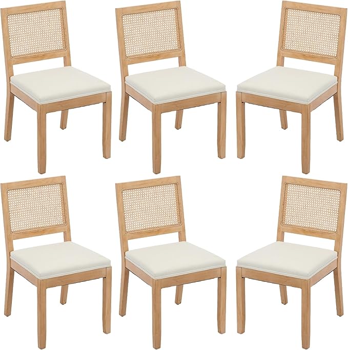Modern Wooden Dining Chair Set of 6, Farmhouse Kitchen & Dining Room Chair with Solid Wood Legs, Rattan Upholstered Kitchen Chairs for Restaurant/Living Room (Beige, Set of 6)