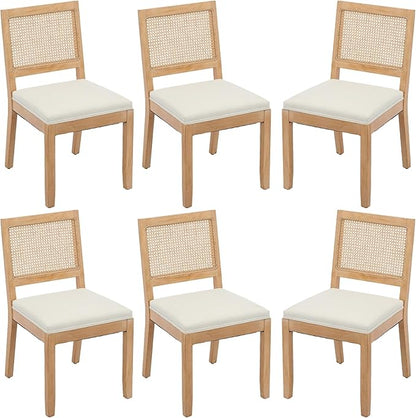 Modern Wooden Dining Chair Set of 6, Farmhouse Kitchen & Dining Room Chair with Solid Wood Legs, Rattan Upholstered Kitchen Chairs for Restaurant/Living Room (Beige, Set of 6)