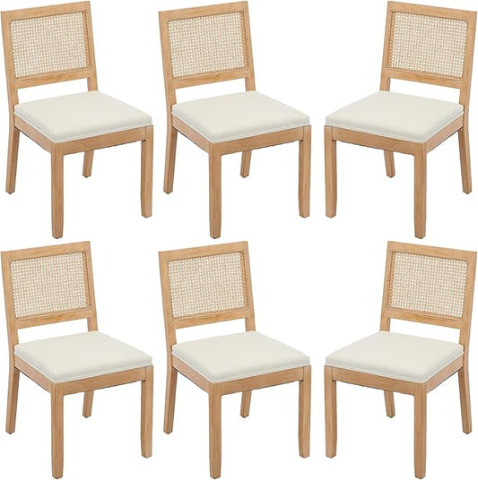 Modern Wooden Dining Chair Set of 6, Farmhouse Kitchen & Dining Room Chair with Solid Wood Legs, Rattan Upholstered Kitchen Chairs for Restaurant/Living Room (Beige, Set of 6)