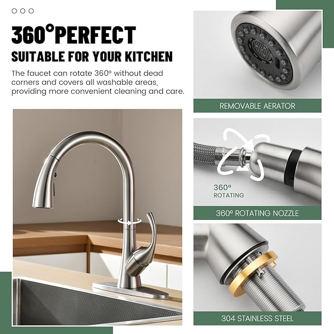 APPASO Brushed Nickel Kitchen Faucet with Pull Down Sprayer, 3-Function Spray Head, 360° Swivel, 20-Inch Hose, Single Handle High Arc Sink Faucet with Deck Plate for 1-3 Hole Sink, Unique Design