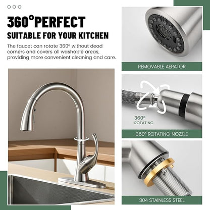 APPASO Brushed Nickel Kitchen Faucet with Pull Down Sprayer, 3-Function Spray Head, 360° Swivel, 20-Inch Hose, Single Handle High Arc Sink Faucet with Deck Plate for 1-3 Hole Sink, Unique Design