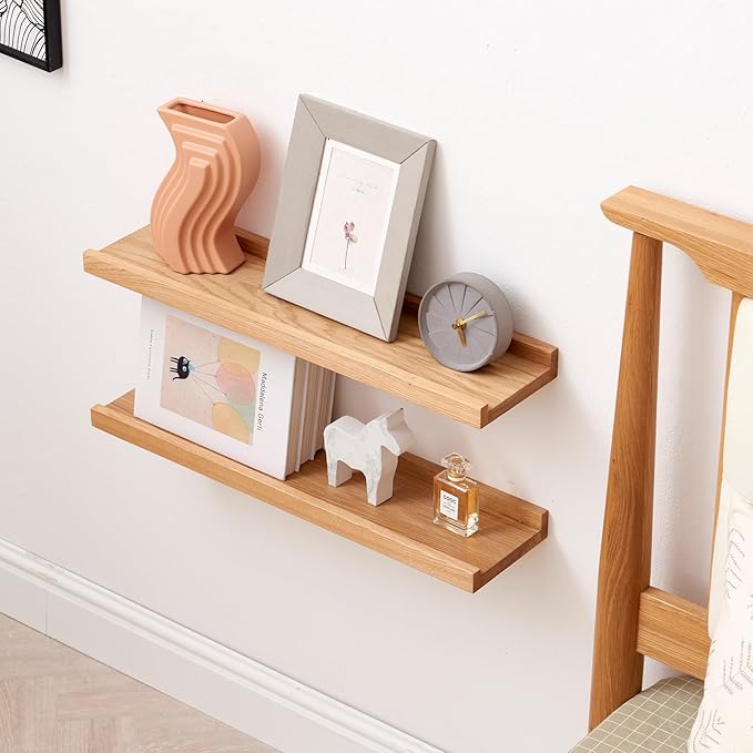 Oak Floating Shelves Natural Wood Wall Mounted Display Picture Ledge for Home Office Living Room Bedroom Storage 6x16 Inch