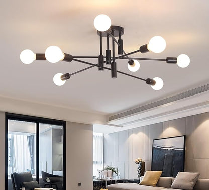 Garwarm Black Ceiling Light Fixture, 8-Lights Semi Flush Mount Ceiling Light, Sputnik Chandelier Industrial Ceiling Lamp for Kitchen Dining Room Bedroom Foyer Entryway Hallway Lighting Fixture