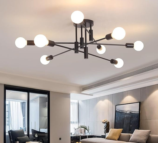 Garwarm Black Ceiling Light Fixture, 8-Lights Semi Flush Mount Ceiling Light, Sputnik Chandelier Industrial Ceiling Lamp for Kitchen Dining Room Bedroom Foyer Entryway Hallway Lighting Fixture