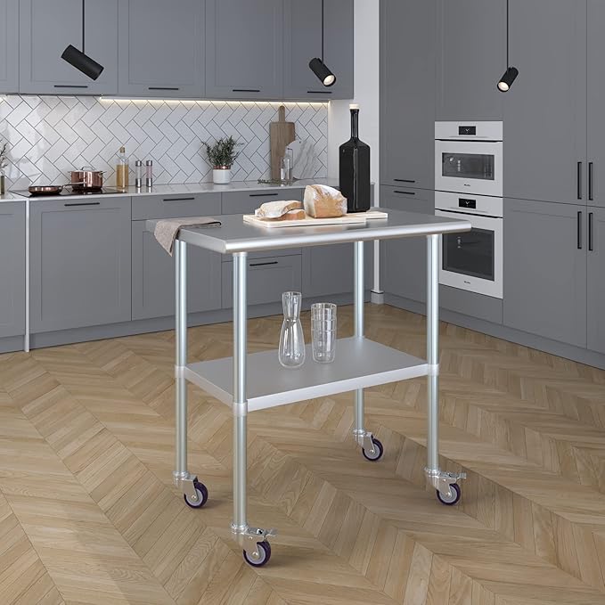 Stainless Steel Work Table with Wheels | NSF Kitchen Island Food Prep | Laundry Garage Utility Bench (Table + Wheels, 36" Long x 24" Deep)