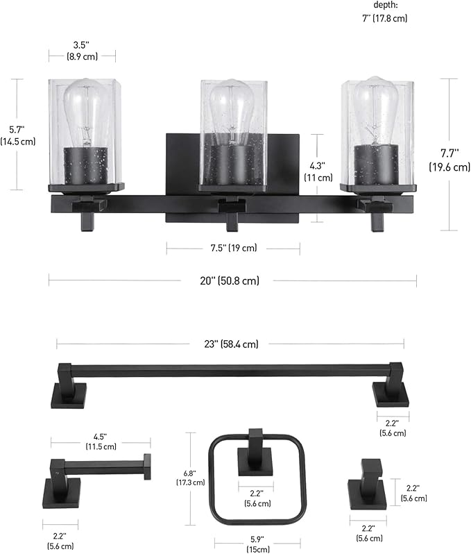Globe Electric 51634 Dakota 5-Piece All-in-One Bathroom Set 3 Vanity Light with Seeded Glass Shades, Bar, Toilet Paper Holder, Towel Ring, Robe Hook, Matte Black