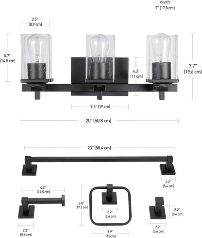 Globe Electric 51634 Dakota 5-Piece All-in-One Bathroom Set 3 Vanity Light with Seeded Glass Shades, Bar, Toilet Paper Holder, Towel Ring, Robe Hook, Matte Black