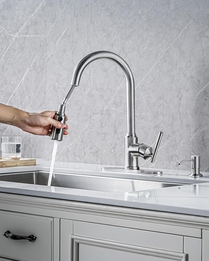 Kitchen Faucets, WOWOW Brushed Nickel Kitchen Faucet with Pull Down Sprayer, High Arc Single Handle Stainless Steel Sink Faucets 1 or 3 Hole, Kitchen Sink Faucets for Farmhouse Camper Laundry Rv Bar