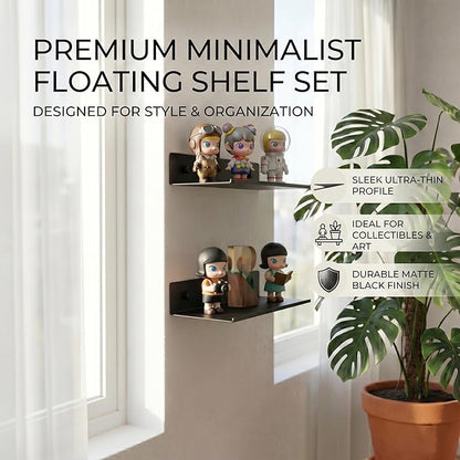 Z metnal Small Metal Shelves, Mini Floating Shelf for Collection Action Figures Speaker, Decor Display Wall Shelf, Aluminum, Wall Mounted, Matt Black, 10 inch, 2 Pack