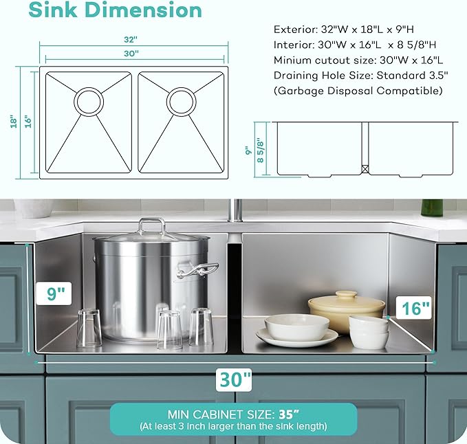 Rhbamoa 32 Inch Double Bowl Kitchen Sink Undermount,16-GaugeT304 Stainless Steel Kitchen Sink,50/50 Undermount Double Sinks with Accessories,Deep Sinks with Brushed Finish,Round Corner