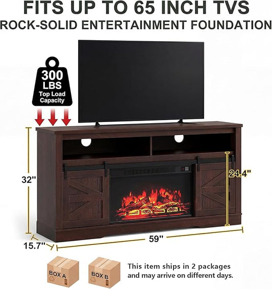 YESHOMY Fireplace TV Stand for Television up to 65+ Inch with Storage and Farmhouse Sliding Barn Doors, Entertainment Center with Cabinet and Shelves, Media Console for Living Room, Rustic Dark Brown
