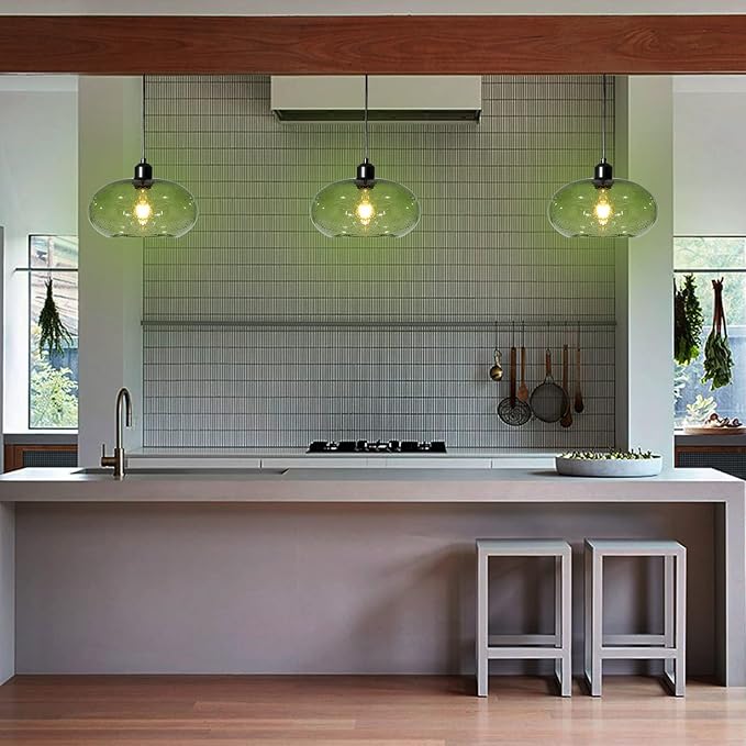Modern Green Glass Pendant Light, 1-Light Glass Dome Shade Pendant Lighting Fixture for Kitchen Island, Sink, Counter, Bar,Nursery,Dining Room, Matte Black 10inch Diam
