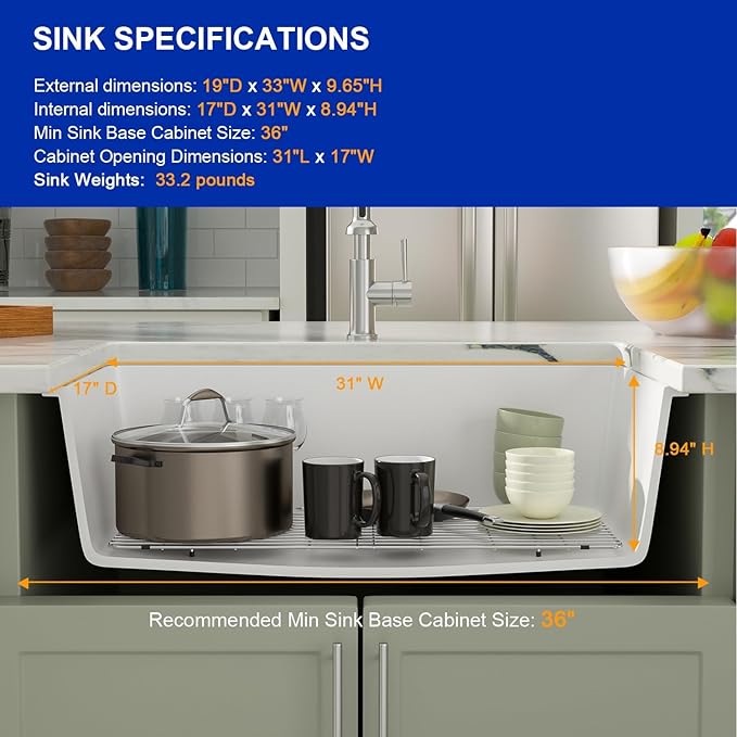 Dcolora 33 In. White Undermount Granite Composite Kitchen Sink, Single Bowl Quartz Sink, Deep Modern Kitchen Sink, 33" X 19" X 9.65"#DC-GU7750