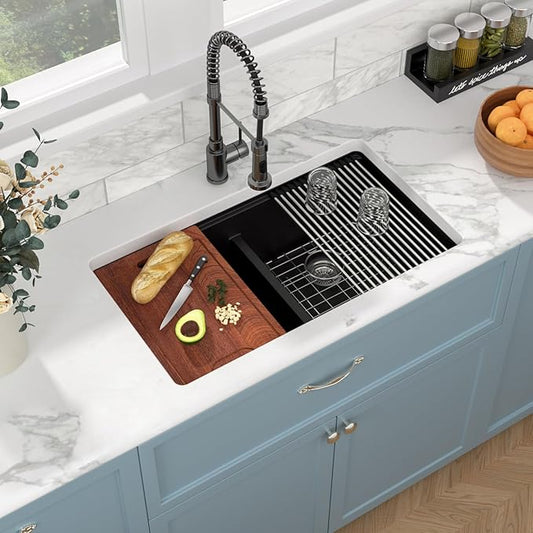 Sarlai 33 Granite Composite Kitchen Sink Double Bowl - 33"x19" Black Granite Kitchen Sink Ledge Workstation Undermount Double Bowl 50/50 Low Divide Quartz Classic Matte Black Under Counter Basin