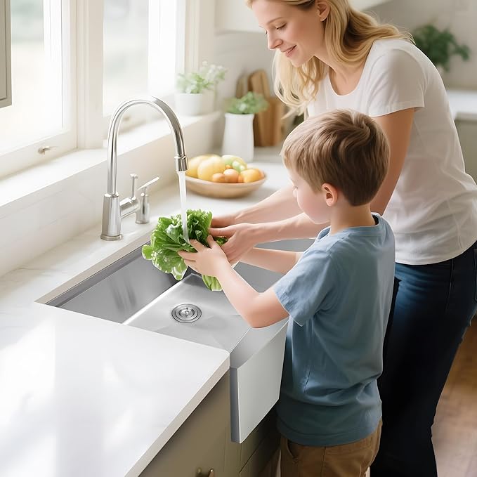 30x22 Inch Farmhouse Kitchen Sink – Workstation Apron Front, ALWEN Single Bowl Sink, 16 Gauge Scratch-Resistant Stainless Steel, R10 Radius, Ledge & Accessories Included