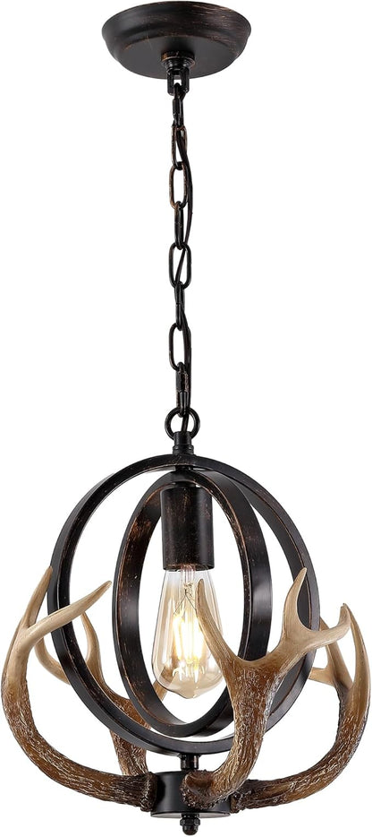 Antler Globe Chandelier, 11.8" Rustic Metal Cage Pendant Light with Resin Antlers, Industrial Farmhouse Hanging Ceiling Light Fixture for Kitchen Island, Dining Room, Entryway, E26 Base, Brown