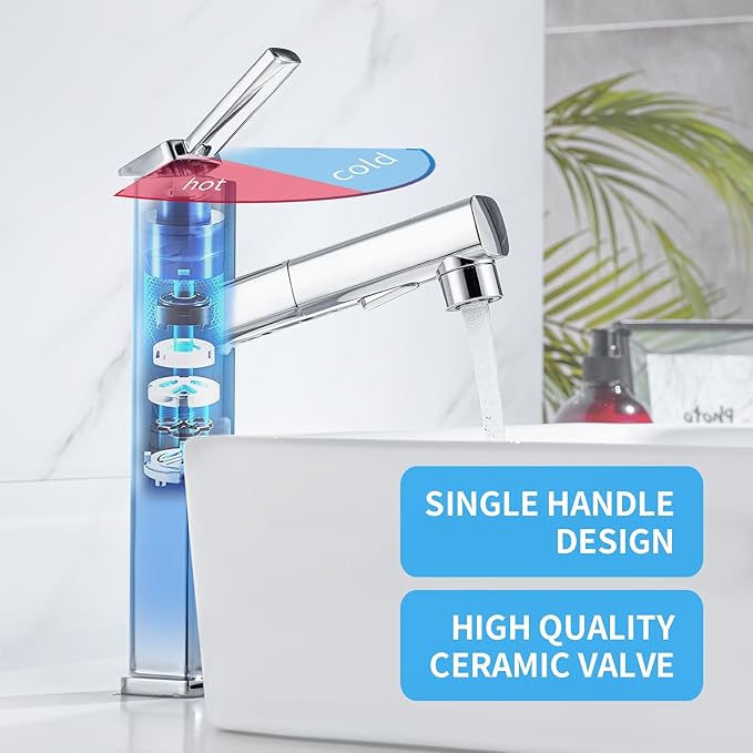 HANLIAN Single Hole Bathroom Pull Out Faucet with Rotating Spout, One Handle Faucet for Bathroom Sink, Modern Bathroom Faucet with Pull Down Sprayer, 3 Modes Vanity Faucets (Tall, Chrome)