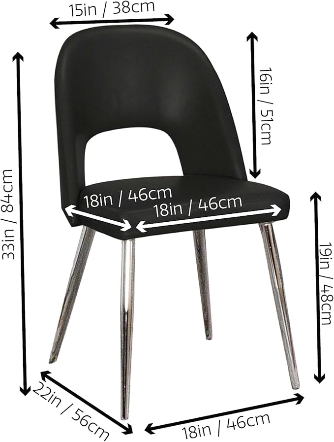 Sunset Trading Mia Faux Leather Dining Chair | Polished Chrome Silver Tapered Legs | Black Padded Seat with Arched Open Back | Set of 2 | Contemporary, Mid-Century Modern Kitchen Sidechairs