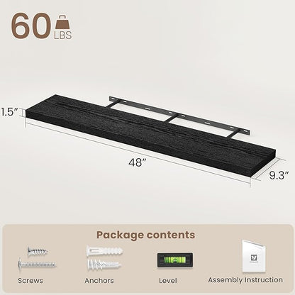Vivelove 48 Inch Floating Shelves, Deep Wall Shelves with Invisible Brackets, Display Shlf for Bathroom Living Room Kitchen Bedroom Office Farmhouse Home Decor, 48" X 9.3" X 1.5" - Set of 2, Black