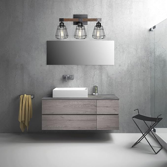 Farmhouse Vanity Light for Bathroom,3-Light Rustic Wooden Industrial Wall Lighting Fixture Over Mirror,Modern Matte Black Metal Cage Wall Sconce for Hallway,Kitchen,Bedroom