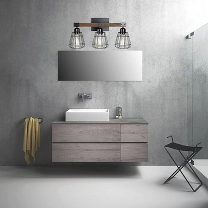 Farmhouse Vanity Light for Bathroom,3-Light Rustic Wooden Industrial Wall Lighting Fixture Over Mirror,Modern Matte Black Metal Cage Wall Sconce for Hallway,Kitchen,Bedroom