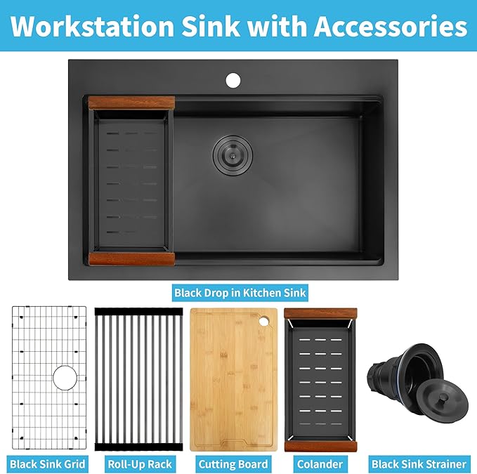 Black Drop In Kitchen Sink 33" X 22",Top Mount 16 Gauge Stainless Steel Workstation Sink,Deep & Large Single Bowl Kitchen Sinks (Black, 33" X 22")