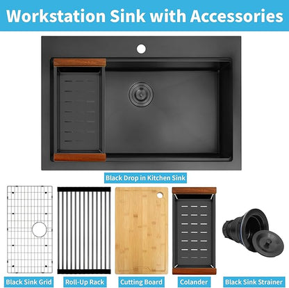 Black Drop In Kitchen Sink 33" X 22",Top Mount 16 Gauge Stainless Steel Workstation Sink,Deep & Large Single Bowl Kitchen Sinks (Black, 33" X 22")