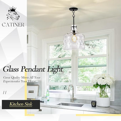CATINER Extra Large 16" Vintage Farmhouse Pendant Light – Hand-Blown Clear Hammered Glass Shade, Adjustable Chain, Hanging Light for Kitchen Island, Dining Room, Hallway, Black Finish