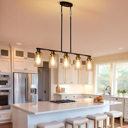 Dining Room Light Fixture,5-Light Farmhouse Linear Chandeliers for Dining Room Over Table，Matte Black and Gold Finish Kitchen Island Pendant Lighting for Kitchen Island，Pool Table Light