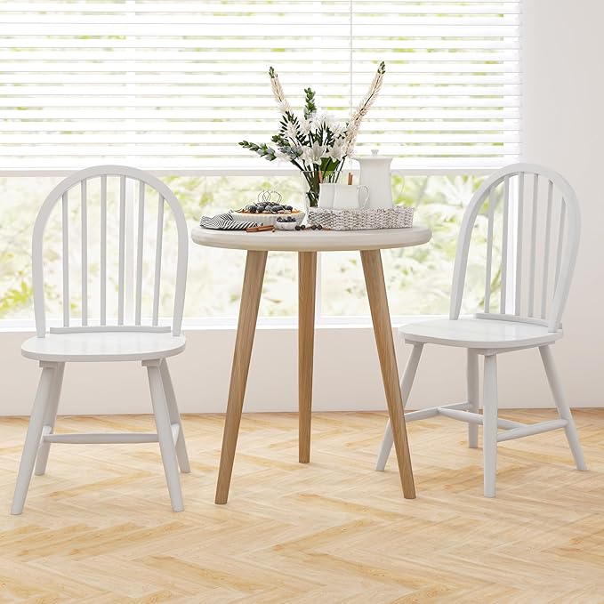 HAPPYGRILL 2 Pieces Wooden Dining Chairs Set, Vintage Armless Windsor Chairs, Kitchen Dining Chairs with Backrest, White