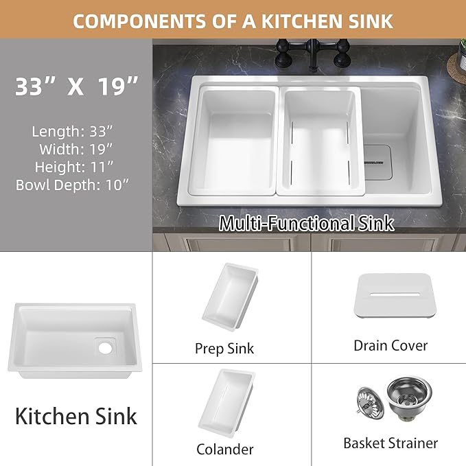 33 in. White Undermount Workstation Kitchen Sink Granite Composite Drop-in Sink Deep Modern Farmhouse Sink Single Bowl 33x19 with Accessory Kit
