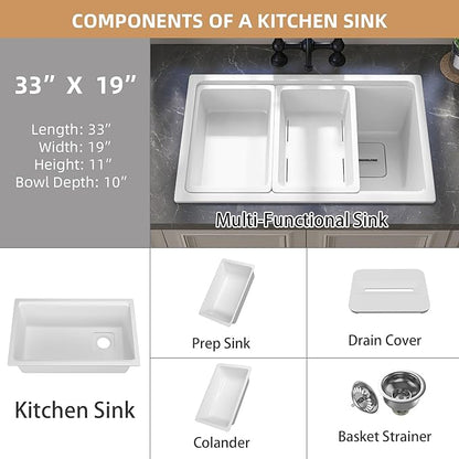 33 in. White Undermount Workstation Kitchen Sink Granite Composite Drop-in Sink Deep Modern Farmhouse Sink Single Bowl 33x19 with Accessory Kit