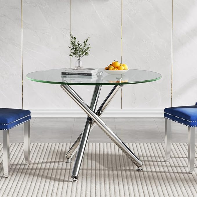 SSLine 35.4" Round Glass Dining Table for 2-4 Modern Circle Glass Tabletop Kitchen Table for 4 Luxury Dinner Tables with Silver Metal Legs for Home Kitchen Dining Room(Table Only)