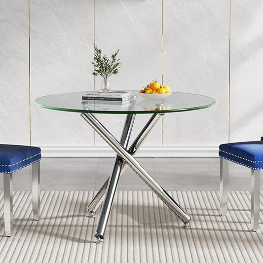 SSLine 35.4" Round Glass Dining Table for 2-4 Modern Circle Glass Tabletop Kitchen Table for 4 Luxury Dinner Tables with Silver Metal Legs for Home Kitchen Dining Room(Table Only)