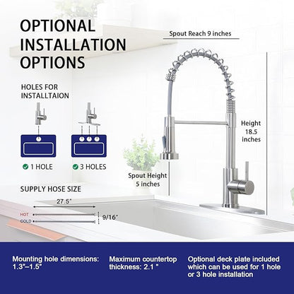 VAPSINT Kitchen Faucet with Pull Down Sprayer, Brushed Nickel Stainless Steel Single Handle Spring Sink Faucet 1 or 3 Hole,Dual Function Kitchen Faucets for Farmhouse Laundry RV Wet Bar, VAP-BY007