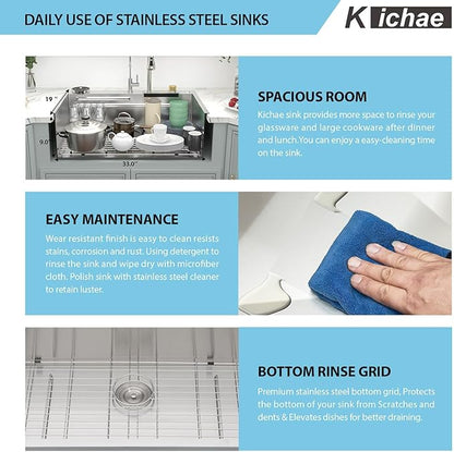 Kichae Waterfall Kitchen Sink Drop In - Kitchen Sink 33x19 Drop In Waterfall with Hot & Cold Water Stainless Steel 16 Gauge Handmade Single Bowl Workstation Sinks with Glass Rinser & Faucet Combo