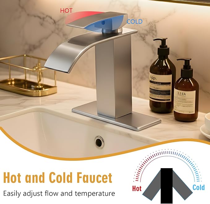 Bathroom Sink Faucet, Waterfall Bathroom Faucet with Pop-up Drain, Supply Hoses and Deck Plate, Suitable for 1 or 3 Holes, Silver