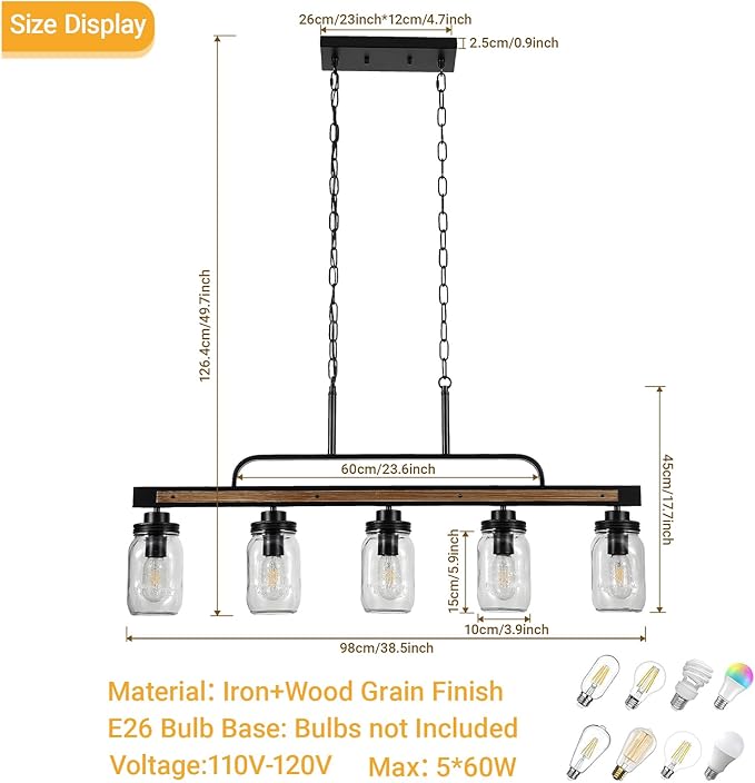 5-Light Rustic Farmhouse Dining Room Light, Black Mason Jar Chandelier Lighting Fixture for Kitchen Island, Dining Room, Cluster Hanging Pendant Light with Jar Glass Shade