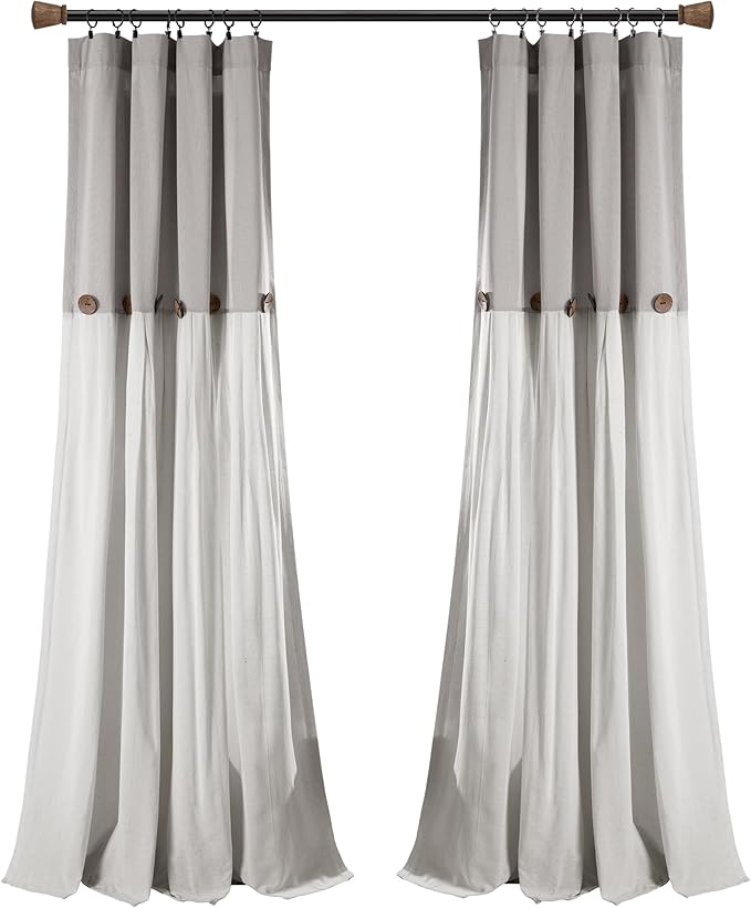 Lush Decor Linen Button Window Curtain Panel, Single, 40" W x 108" L, Gray & White - Country Curtains - Rustic Decor - Color Block Modern Farmhouse Curtains For Living Room, Bedroom & Dining Room