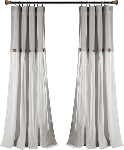 Lush Decor Linen Button Window Curtain Panel, Single, 40" W x 108" L, Gray & White - Country Curtains - Rustic Decor - Color Block Modern Farmhouse Curtains For Living Room, Bedroom & Dining Room