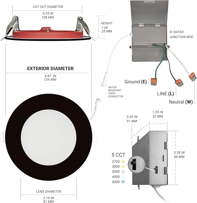 NUWATT 12-Pack 2 Hour Fire Rated Recessed Lighting, 4 Inch Wafer LED Lights, 5CCT 2700K/3000K/3500K/4000K/5000K, Wet & IC Rated, CRI90 Black Recessed Lights, 12W, Dimmable 900LM, No Tenmat Needed, ETL