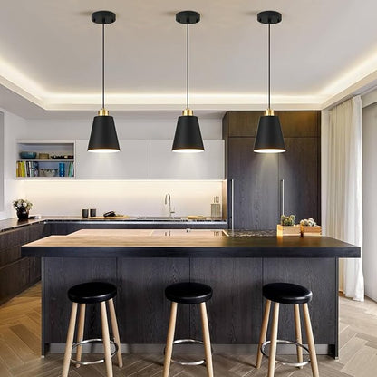 Matte Black Mini Pendant Light 7.87in Cone Kitchen Island Pendant Lighting with Gold Modern Hollow Shade Hanging Light Fixture for Kitchen Dining Room Bar 63" Adjustable Cord, 1 PCS