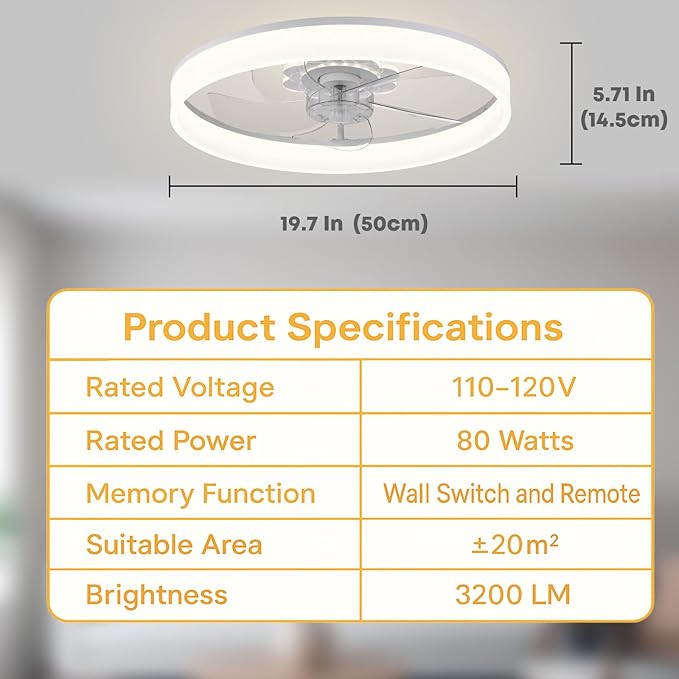 Fszdorj 20'' Ceiling Fan with Light, Upgraded Low Profile Fan, Flush Mount Ceiling Fan, 6 Speeds, Dimmable LED, App & Remote Control, Quiet DC Motor, for Bedroom, Living Room, F116 White