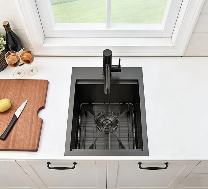 IKEBANA 15 Inch Black Bar Sink Drop In, 16 Gauge Stainless Steel Topmount Small Kitchen Sink, 15x20 Inch Single Bowl Wet Bar Outdoor RV Prep Laundry Sinks With Dish Grid& Drain