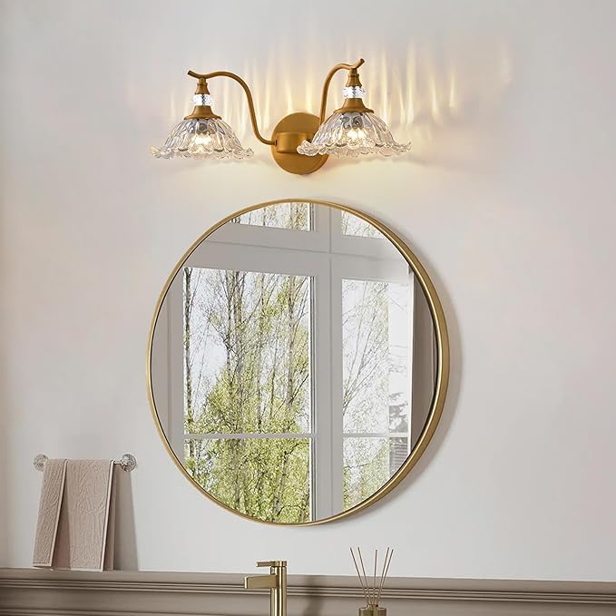 Vintage Bathroom Vanity Light Fixtures - 2 Light Antique Brass Bathroom Lights Fixture Over Mirror with Clear Flower Glass,Retro Brushed Gold Bronze Wall-Mounted Vanity Lighting for Powder Room